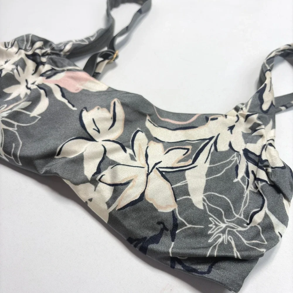 Athleta Floral Padded Bra Top‎ Womens 34B/C Gray Strappy Swim Yoga Tank